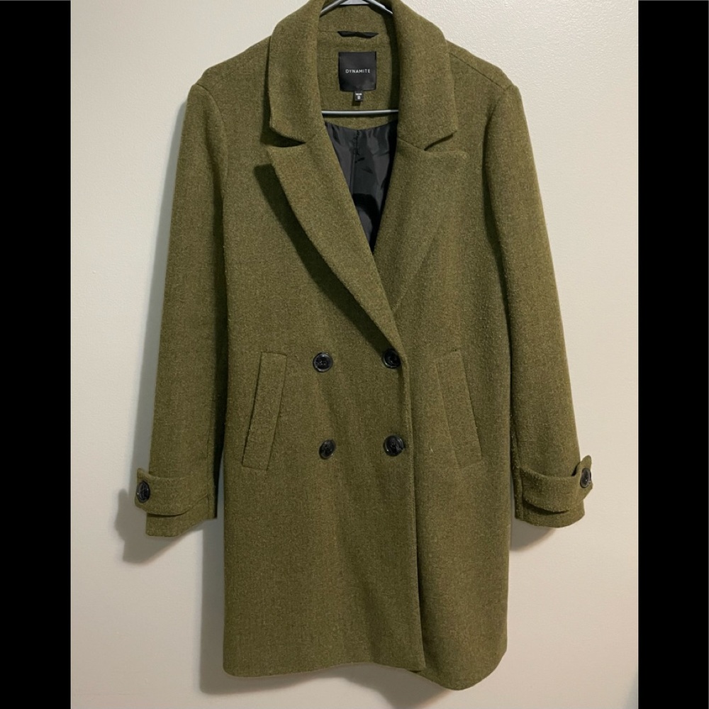 Dynamite Olive Green Double-Breasted Wool Trench Coat